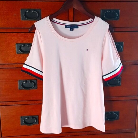 Tommy Hilfiger Signature Stripe Cold Shoulder short sleeve T-shirt - Picture 1 of 6